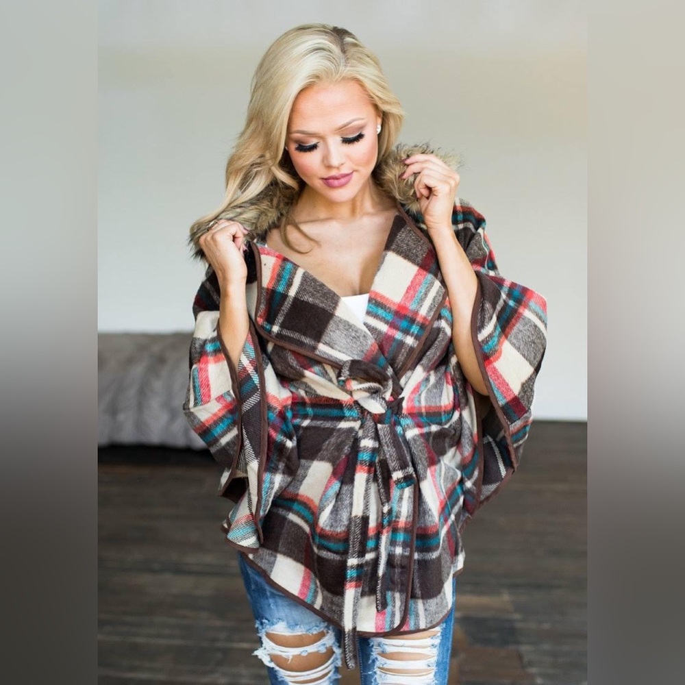 On Her Own Plaid Tie Poncho